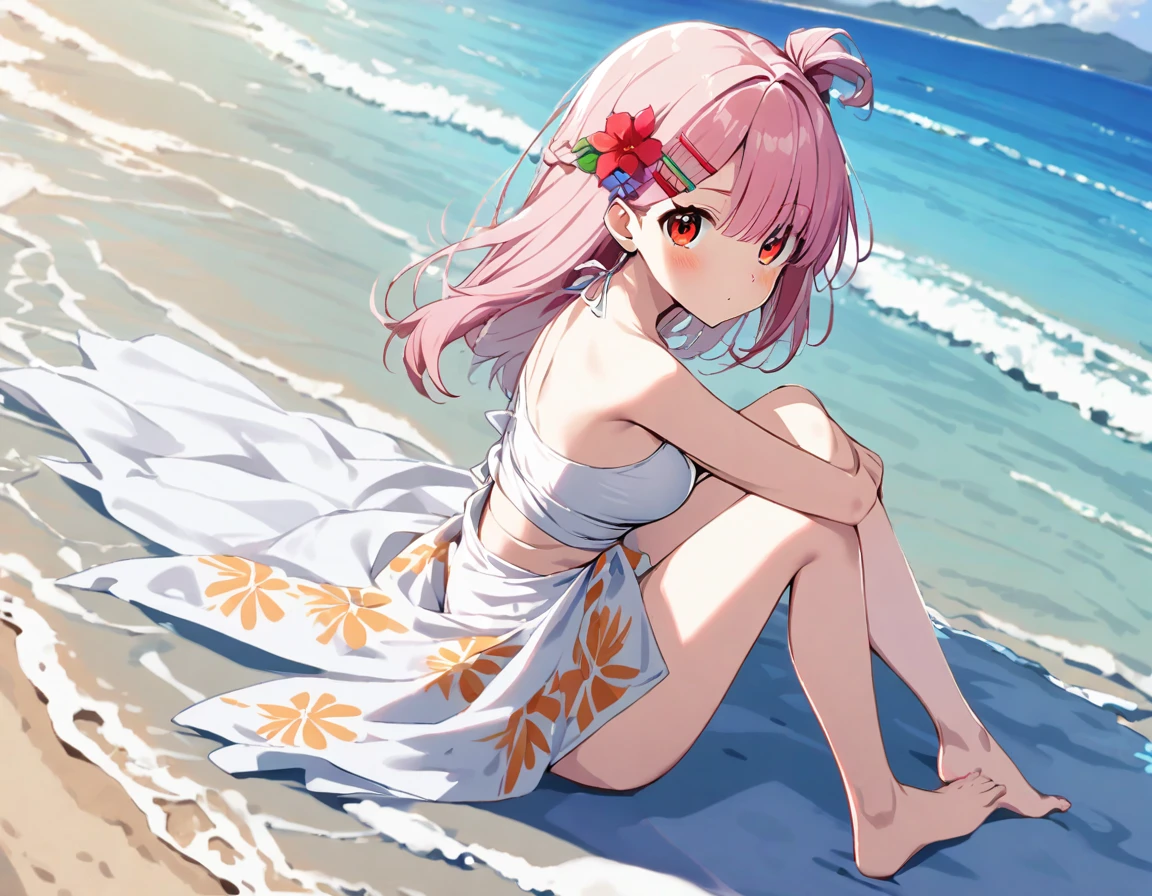 1 girl(white pareo, pink hair, half side up hair, flower hair clip, red eye, barefoot), sea side beach,