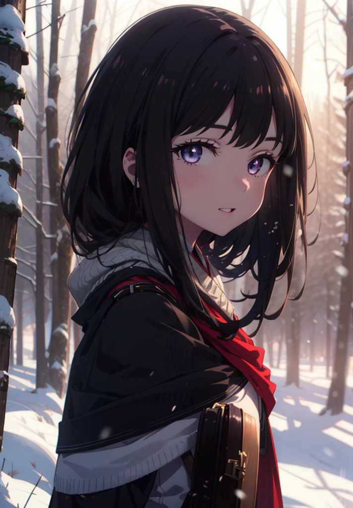 Takiuchi, Inoue Check, Long Hair, bangs, Black Hair, (Purple eyes:1.2),smile,
Open your mouth,snow,Bonfire, Outdoor, boots, snowing, From the side, wood, suitcase, Cape, Blurred, forest,  nature, Squat,  Cape, winter, Written boundary depth, Black shoes, blue Cape break looking at viewer, Upper Body, whole body, break Outdoor, forest, nature, break (masterpiece:1.2), Highest quality, High resolution, unity 8k wallpaper, (shape:0.8), (Beautiful and beautiful eyes:1.6), Highly detailed face, Perfect lighting, Extremely detailed CG, (Perfect hands, Perfect Anatomy),
