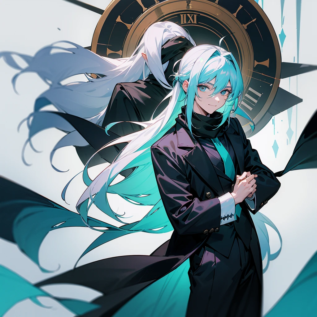 1 man with long white hair and hair tied back, wearing a black overcoat covering his white shirt with a cyan tie and black dress pants with pockets and chains while wearing a white scarf with a tall white background with a smile and a clock showing 12 hours and 28 Roman minutes in black and white and conjuring a magic in the form of a cyan colored time clock with his hair looking like Meliodas with a masculine but beautiful face