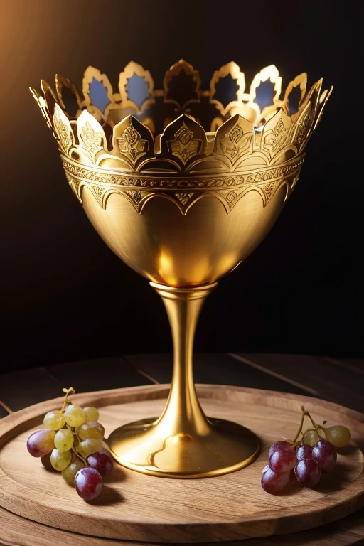 A golden chalice, with a bunch of grapes on the side, old text, image 780×1080