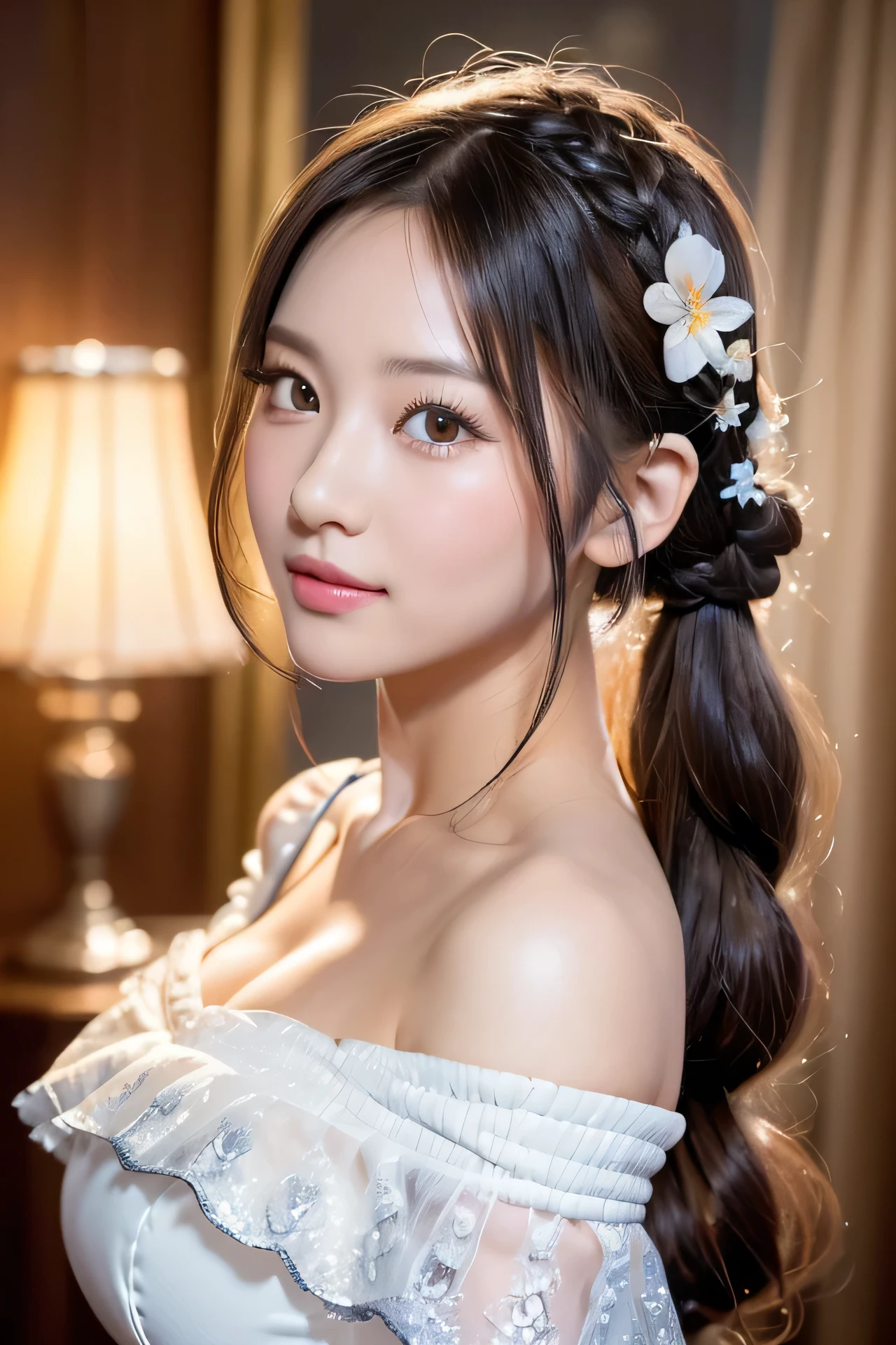 (ukiyoe painting:1.3),(3D Animation:1.3),(Grimm fairy tale world),(Aschenputtel,Cinderella,princess covered in ash:1.3),(Cinderella's Castle in the background:1.3),(((lace off shoulder white dress))),.(Make the subject look three-dimensional with the contrast of light and shadow),Cute and beautiful girl,Cute round face,Cute smile,with blush cheeks,Red Lip,(silver white hair,Floral braided headband,half up、Floral Braided Space Van,Voluminous Fishtail Braids,Twisted chignon,),(Bangs are see-through bangs),hair pin,hair adornments,detailed clothes features,Detailed hair features,detailed facial features,(Dynamic angles),(Dynamic and sexy poses),profetional lighting,Cinematic Light,(masutepiece,top-quality,Ultra-high resolution output image, depth of fields,) ,(The 8k quality,depth of fields,Anatomically accurate facial structure,),(Sea Art 2 Mode:1.3),(Image Mode Ultra HD,)