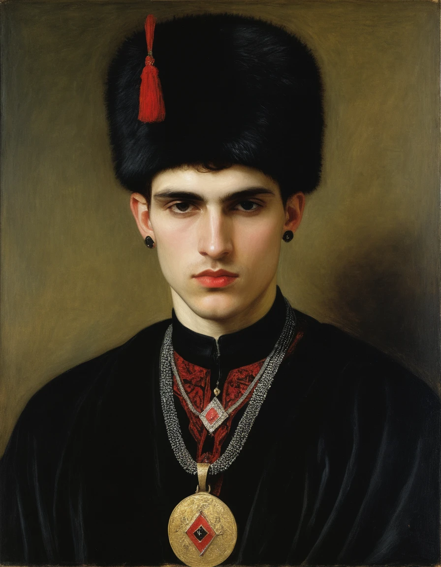 {{Masterpiece, best quality, full oil painting, by Franz von Stuck, muted colors}}, the composition is: (((a very young male nobleman, sullen, facing viewer. He is wearing a fur hat. He is wearing a black Mughal caftan with Praetorian elements, sashes, medals, a red diamond symbol pendant)))