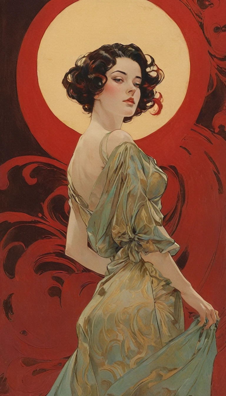 Sexy illustration of an elegant queen using chiaroscuro (((Short hair without bangs:1.4、beautiful eyes) , High quality ,Silk dress, matte paint, John Singer Sargent, author:Katsuya Terada、 Very soft colors, Deep and vivid, Deep red pastel, Very detailed, The art of math, High contrast, dramatic, complicated, Tone, close, Sexy and romantic、masterpiece、The Minimalists、