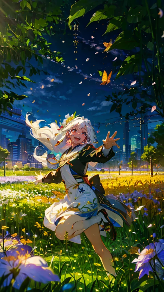 (Mastepiece), (Best Quality), Very detailed, 1 girl, (Solo Shooting:1.4), Perfect Face, beautiful girl, Very detailedな顔,(Long white hair:1.5),(Green Eyes:1.4),(Lots of butterflies々:1.2)、bird、A city with no one、(Abandoned City、Plants、Flower Field:1.4)、(Lots of petals:1.3)、Fairy、mysterious、Fantasy、beautiful、beautiful、(Close your eyes and laugh:1.3)、(A big smile:1.4)、jump