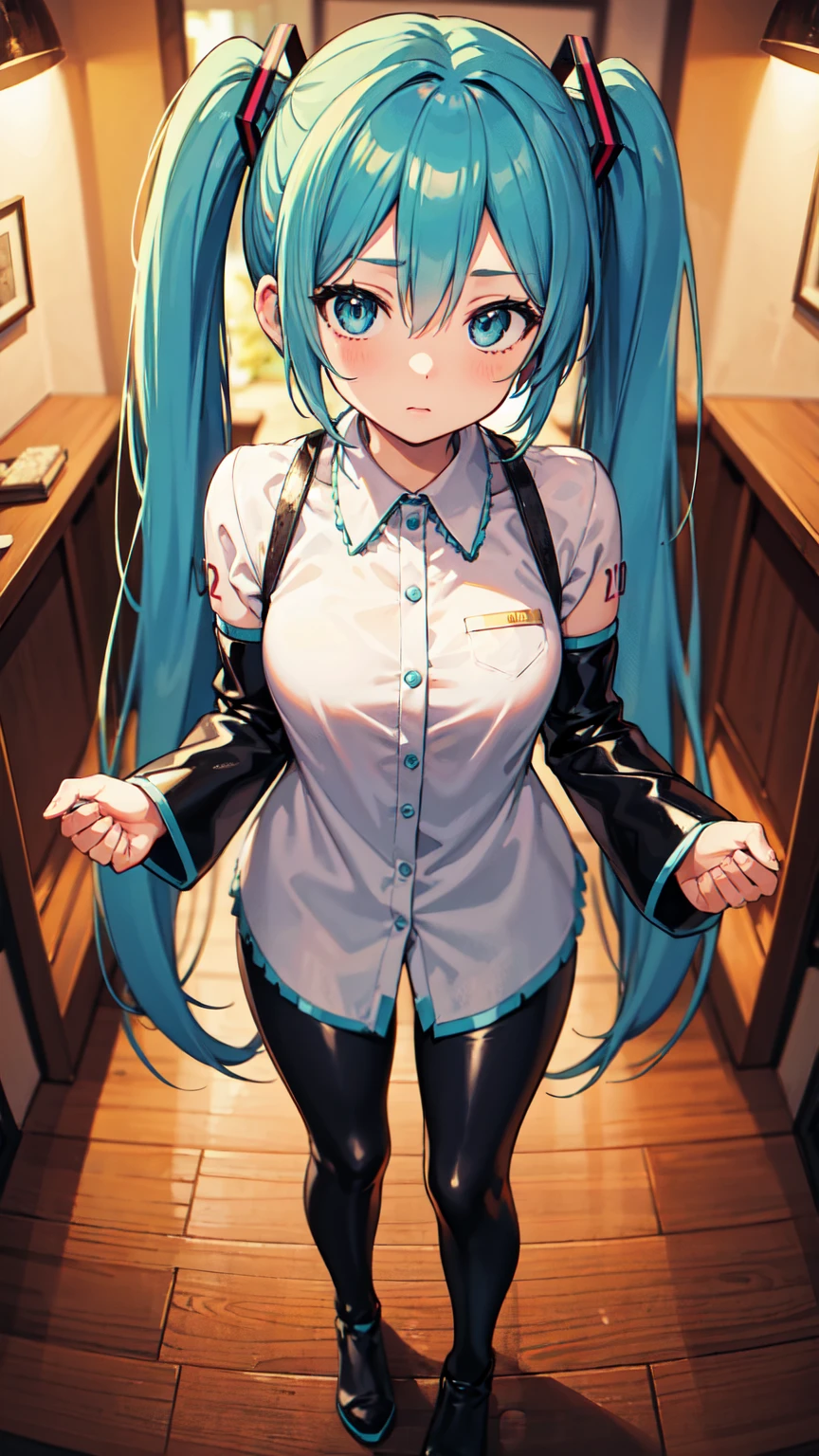 (Brazos atados, arms  behind  back, cuerda, patas atadas:1.2),hatsune miku, En cuclillas, Altas Resoluciones, highest qualityr, illustration, Ultra detallado, (Cara detallada), (ojos detallados), Soft lighting, La mejor calidad, hiper detallado, Obra maestra, Mirando al espectador, enojado, boca abierta, 1girl, hatsune miku, solamente, pelo corto, cabello color azul, camisa blanca, falda, (De color), choza, ventana, Noche,