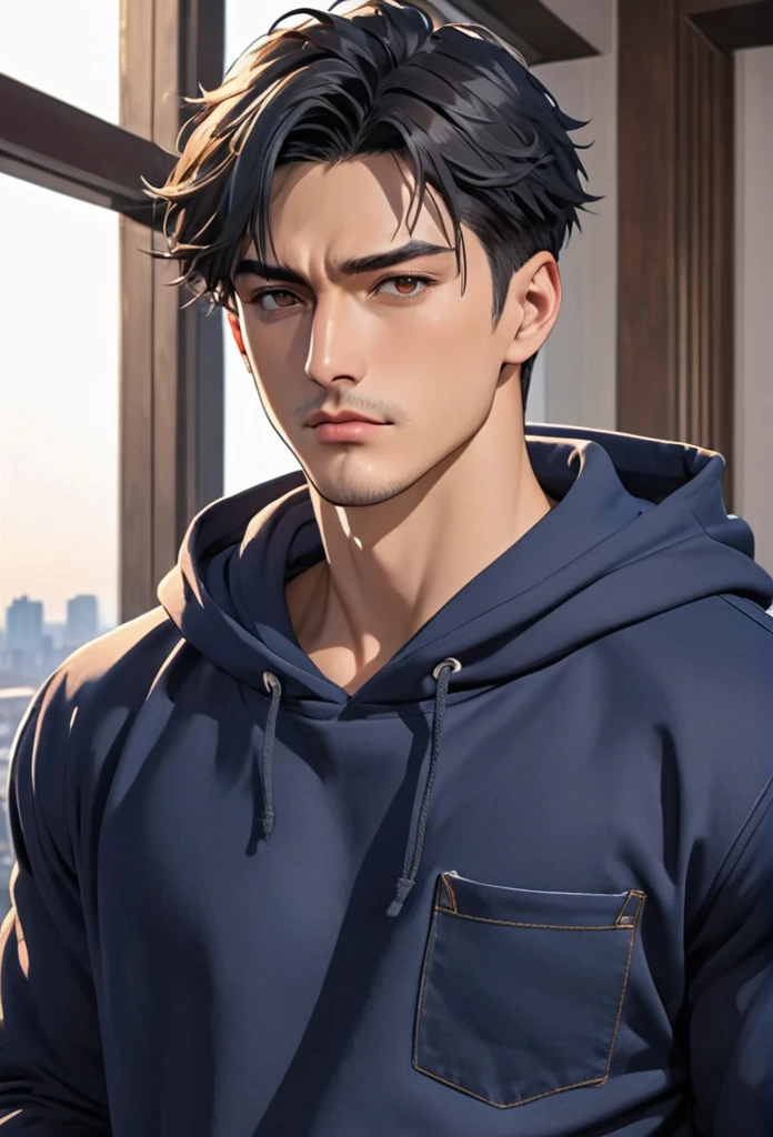 {{upper body}} {{Artist: sincos}} 1 boy, stoic and cold male, raven black hair, short hair, dark brown eyes, sharp jawline, handsome features, lithe body, broad shoulders, muscular, inside, penthouse, hands inside pockets, navy blue hoodie, jeans, pov, good quality