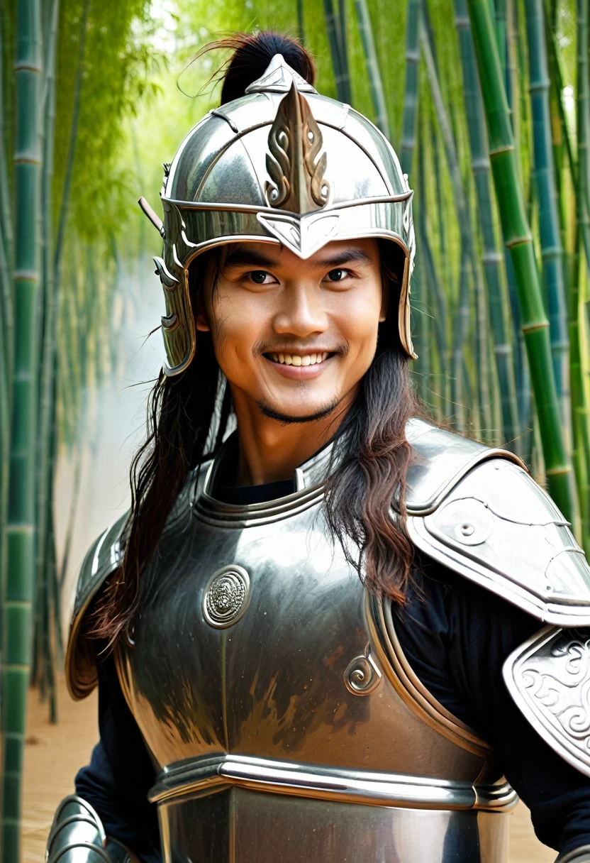 Panoramic photo of the immortal male warrior in Vietnamese mythology - Thanh Giong - 18 years old, A male giant, majestic and imposing, with rippling muscles, bright eyes, long hair, extremely handsome, wearing a shiny iron armor, wearing a strong iron helmet, holding a cluster of old ivory bamboo trees like a cluster of violent weapons, Invincible male warrior, ((background of bamboo forest, smoke, fire, lightning)), ((smiling))