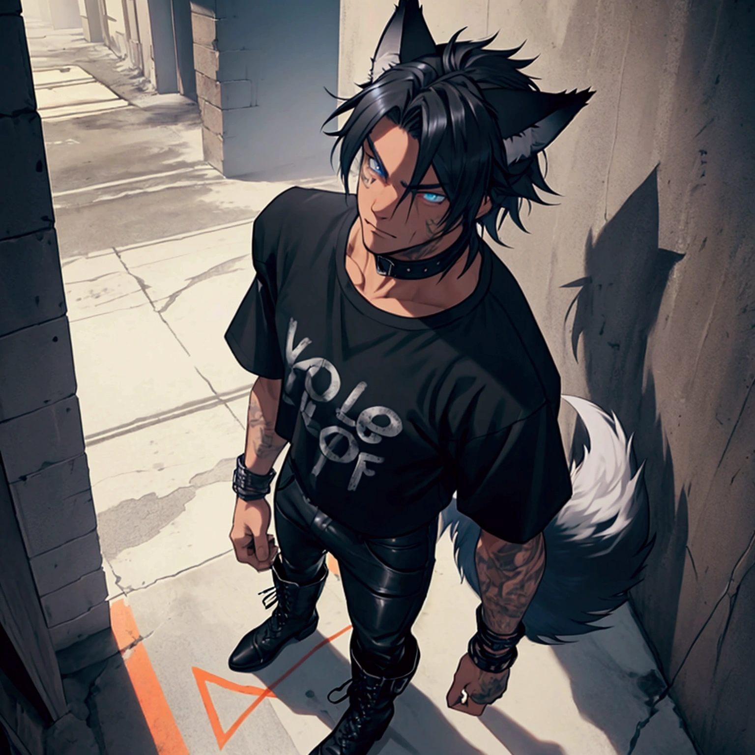 masculine guy ((wearing black boots)), full body shot, viewed from above, sweating, bulge, short cropped ombre hair, ((has wolf ears)), ((has wolf tail)), smoky grunge punk graffiti, wearing leather pants, ((he is solo, he is alone)), has detailed glowing blue eyes, wearing bandana and leather wrist bands, wearing a loose t-shirt, muscular thighs