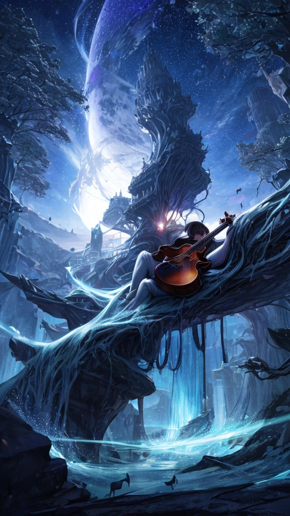 Create a detailed and high-definition image of a serene night scene with a silhouetted mermaid musician playing a violin on a cliff edge, backlit by a full moon. The sky should be filled with stars and faint auroras, casting a gentle glow over the landscape. Add subtle details like the outline of trees and distant mountains, with notes of music seemingly floating in the air, enhancing the magical and tranquil atmosphere. This should be an illustration with a 3D render style.