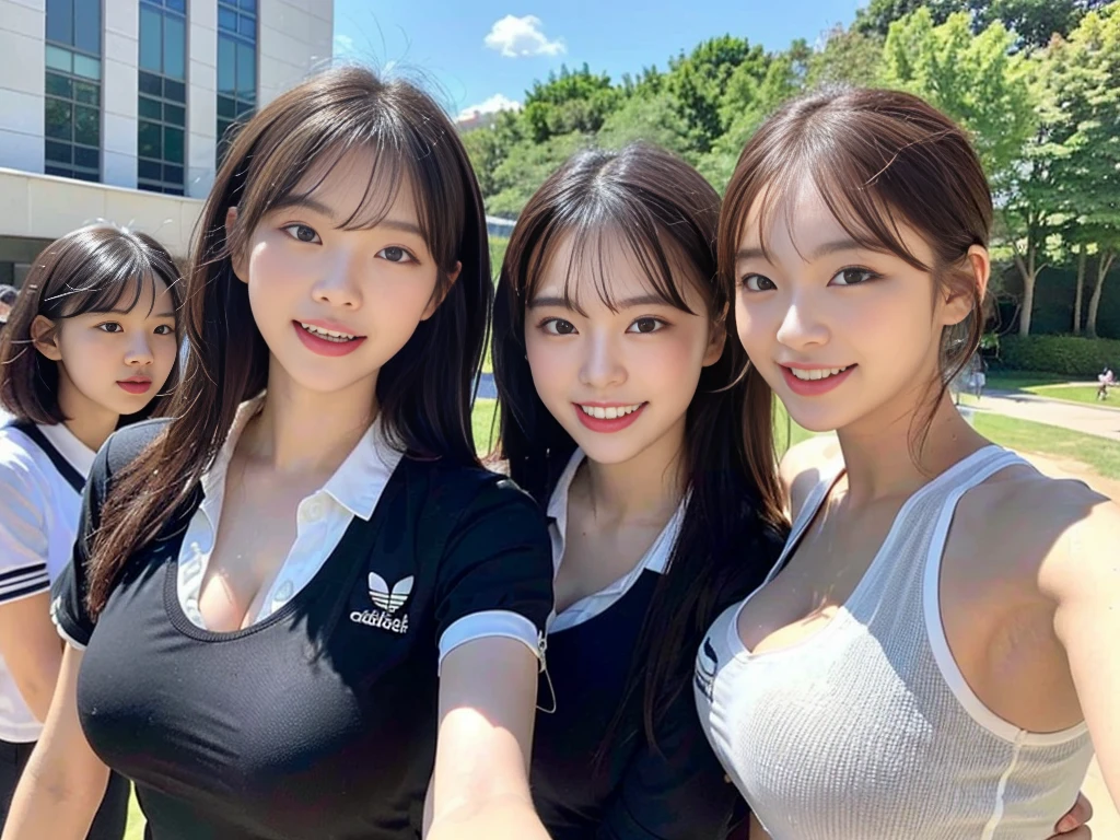 (A group of super cute Korean schoolgirls take a commemorative photo wearing Adidas sportswear:1.2)(Laughing out loud:1.2)(Beautiful Sweat:1.1)(16K, RAW Photos, Highest quality, masterpiece: 1.2),(Her shiny, beautiful black hair in a bun sways softly in the wind.:1.1) Super detailed, Super Resolution, (Genuine, Genuine photos: 1.37), Portraiture, High-resolution RAW color photos, Professional photos, Very detailed, 8k wallpaper, Very detailed CG Unity 8k wallpaper, Very detailed beautiful girls, Very detailed faces, ((whole body)), beautiful woman, Huge breasts,(huge boobs:1.1) (Big Boobs:1.1), beautiful  (See-through wet gym clothes),high school girl, Korean Girls,(K-POP Female Idols), (Idol-class beauty)(Beautiful high school girl:1.1)(School grounds on a sunny day)(()(Date:1.2)(Group photo)Headband(NSFW:1.1)(trio)