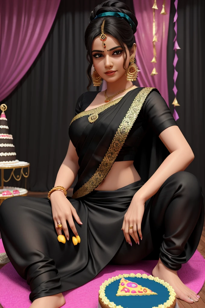 3d illustration of a Women sitting casually on front of a cake the character must wear fully black saree with Jhumka . the background of the image is a party theme. write “MAHA LASKHMI ” on the birthday cake make sure the text is not misspelled his age is 22. Birthday date January 4 mentioned