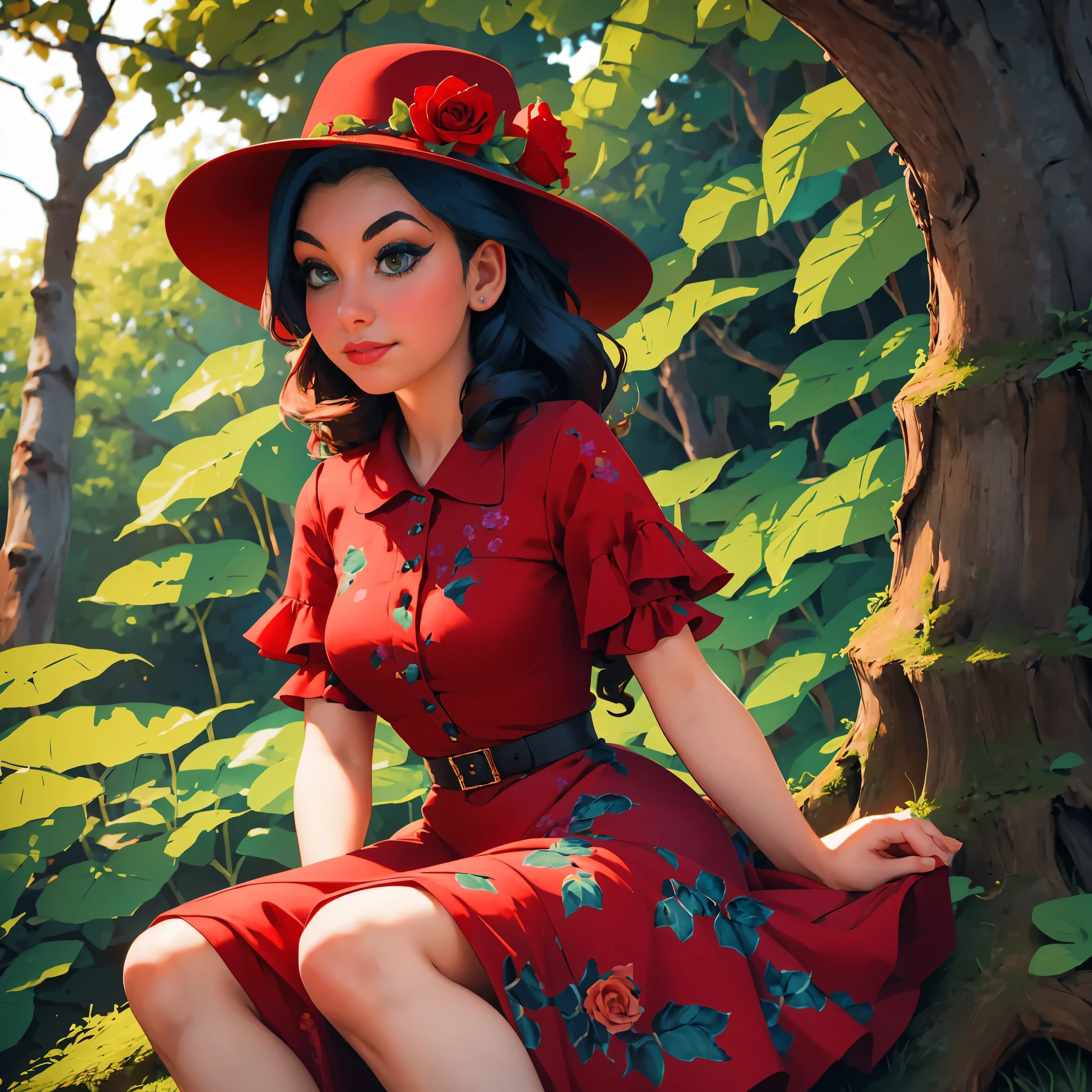 woman sitting on a tree stump wearing a dress and hat, a portrait by Zofia Stryjenska, tumblr, renaissance, pinup style, rockabilly style, romantic dress, dressed in a flower dress, red rose in hair, red floral dress, red dress and hat, rockabilly, floral couture, black and red dress, dressed like in the 1940s