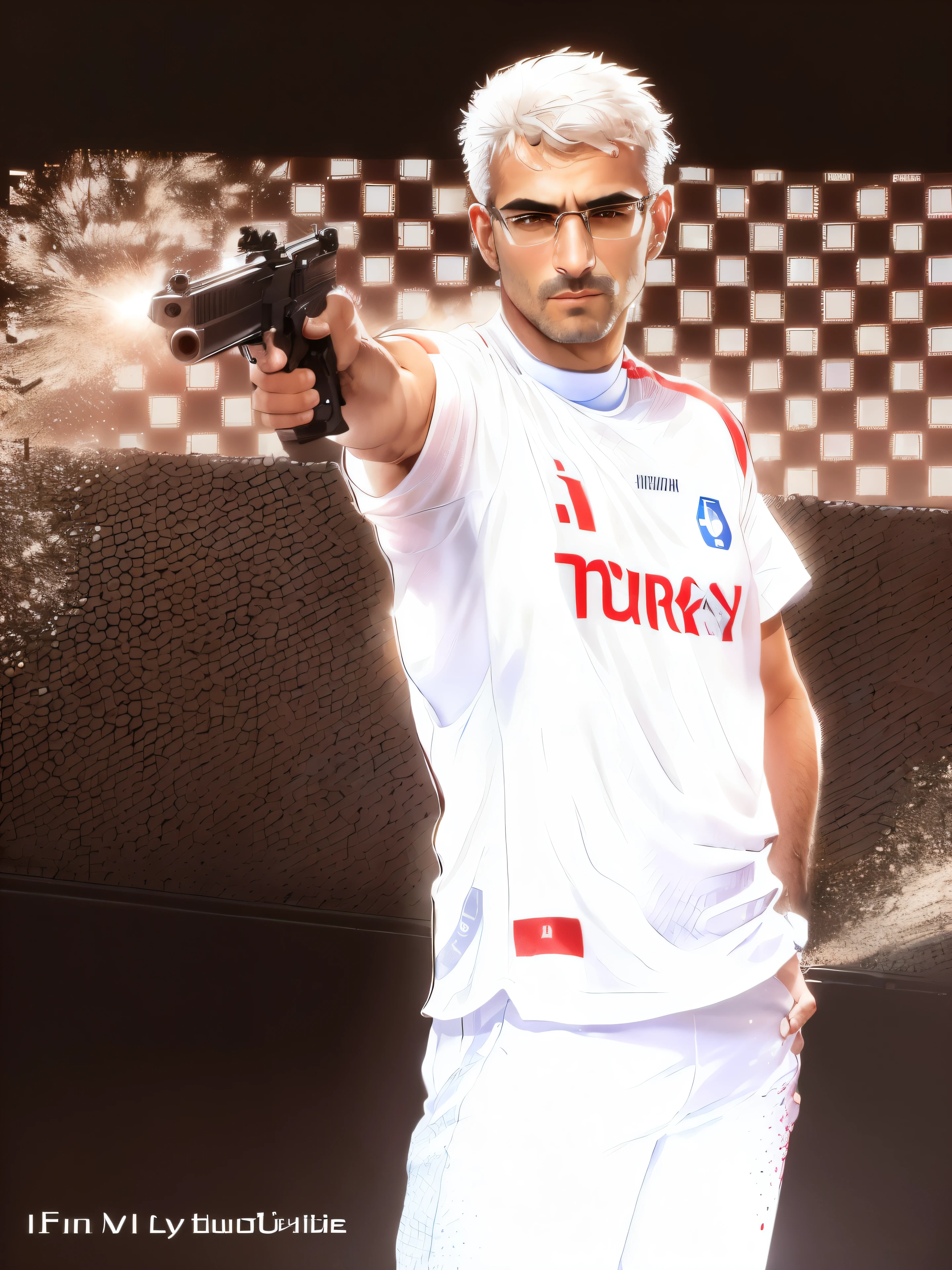 A middle age Turkish gunner player with medium white hair, wearing eyeglasses, wearing white T-shirt screen word Turkey holding a sport airsoft pistol in front of a crowd, thierry doizon, christian dimitrov, france, emad mostaque, inspired by Ion Andreescu, farid ghanbari, genndy tartakovski, photo from the olympic games, hicham habchi, thierry rouzier, ivan laliashvili