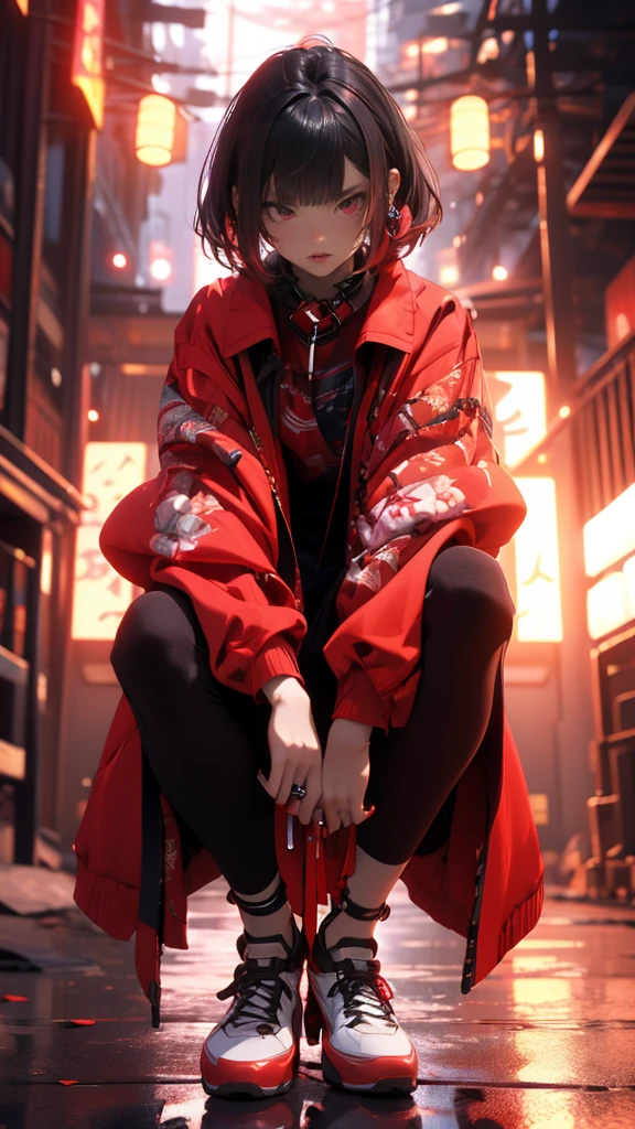 (masterpiece:1.2), best quality,CG,3d, samurai girl,
1 sister, Red eyes, ear nipple ring, alone, hair color, jewelry, looking at the audience, Vague, Full body female love, through bangs, red hair clothes, jacket, Squat down, Background of Vague, collar, Short hair details, long sleeves, red nails, shut up, red footwear, Floral fragrance, red top, striped hair,katana sword