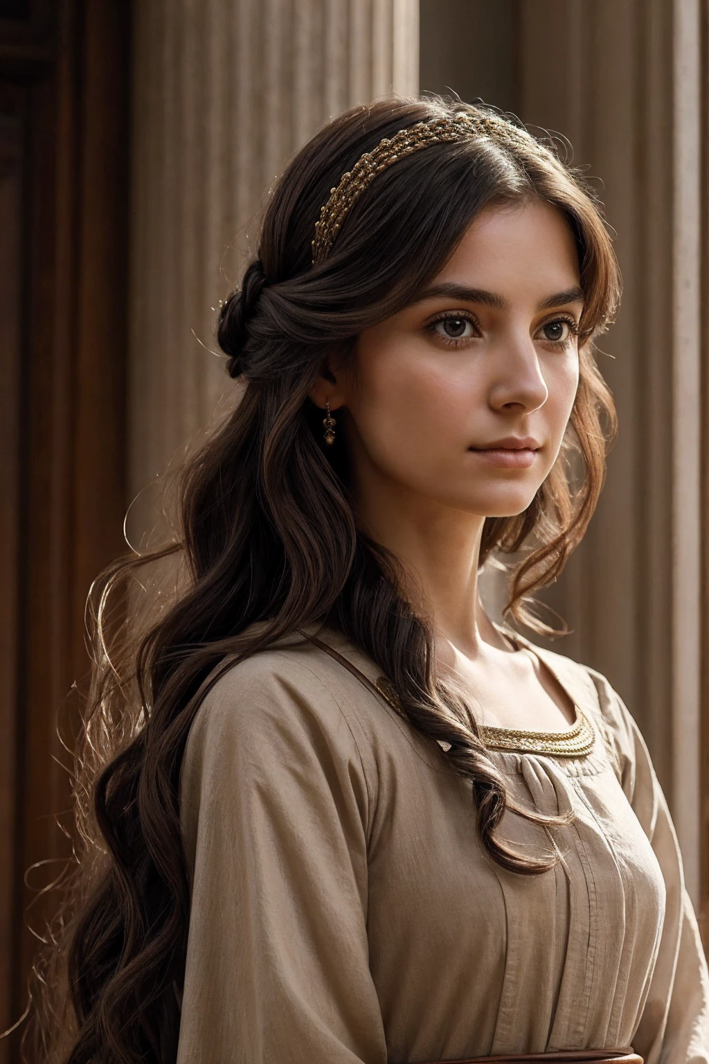 Create a striking portrait of Hypatia of Alexandria, the renowned philosopher, mathematician, and astronomer from the late 4th and early 5th centuries. Capture her in her prime, around 400 AD, when she was in her mid-30s.
Physical Appearance:
Depict Hypatia with her iconic features: a graceful, intelligent face with a serene and contemplative expression, reflecting her profound wisdom and intellect.
Portray her distinctive hairstyle: dark, wavy hair, styled in an elegant yet simple manner, perhaps tied back or partially flowing, in a manner appropriate for a scholar of her time.
Include her eyes: which should convey both depth and intensity, symbolizing her deep understanding and curiosity about the natural world and philosophy.
Emphasize her high forehead and delicate features: highlighting her scholarly appearance and the respect she commanded as a leading intellectual of her era.