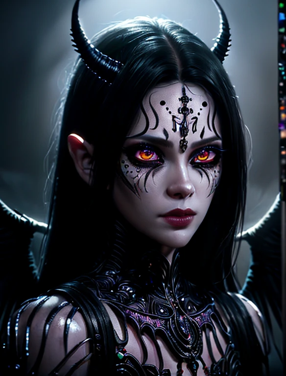 a captivating succubus,enchanting wings,glowing eyes,beautiful detailed eyes,beautiful detailed lips,extremely detailed eyes and face,long eyelashes,intricate demonic features,dark fantasy,dramatic lighting,cinematic composition,vibrant colors,chiaroscuro,digital painting,concept art,hyperrealistic,8k,high quality