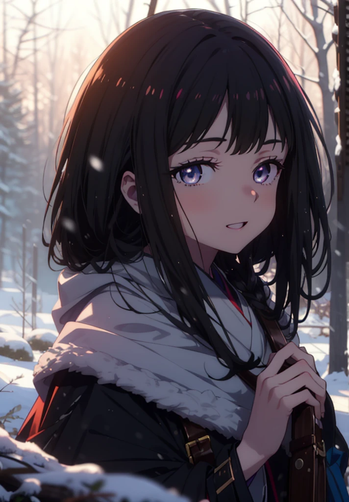 Takiuchi, Inoue Check, Long Hair, bangs, Black Hair, (Purple eyes:1.2),smile,
Open your mouth,snow,Bonfire, Outdoor, boots, snowing, From the side, wood, suitcase, Cape, Blurred, forest, nature, Squat, Cape, winter, Written boundary depth, Black shoes, blue Cape break looking at viewer, Upper Body, whole body, break Outdoor, forest, nature, break (masterpiece:1.2), Highest quality, High resolution, unity 8k wallpaper, (shape:0.8), (Beautiful and beautiful eyes:1.6), Highly detailed face, Perfect lighting, Extremely detailed CG, (Perfect hands, Perfect Anatomy),