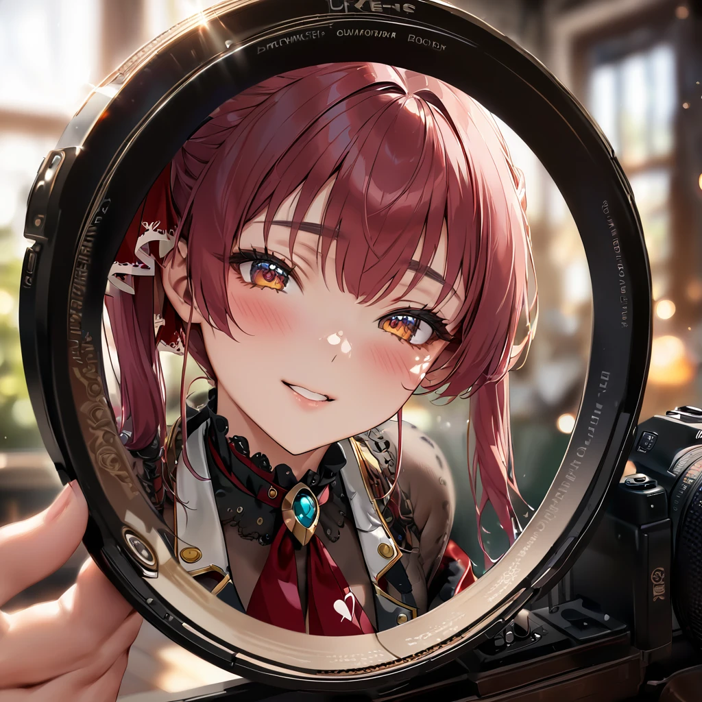 ((Very detailed, Highest quality)), Attention to detail, Houshou Marine, High resolution realistic portraits、Sharp focus like a single-lens reflex camera、Photographed in natural light、Background Blur（Bokeh）、Warm toneodel with beautiful expression

