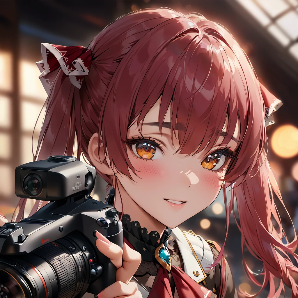 ((Very detailed, Highest quality)), Attention to detail, Houshou Marine, High resolution realistic portraits、Sharp focus like a single-lens reflex camera、Photographed in natural light、Background Blur（Bokeh）、Warm toneodel with beautiful expression

