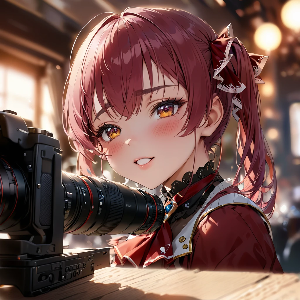 ((Very detailed, Highest quality)), Attention to detail, Houshou Marine, High resolution realistic portraits、Sharp focus like a single-lens reflex camera、Photographed in natural light、Background Blur（Bokeh）、Warm toneodel with beautiful expression

