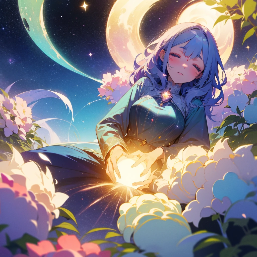 A girl dreaming while sleeping in a beautiful garden, with stars and galaxies surrounding her. (best quality, highres, ultra-detailed), dreamy atmosphere, glowing flowers, surreal colors, soft lighting, ethereal beauty, twinkling stars, mystical ambiance, delicate brush strokes, impressionistic style, magical scenery, peaceful and serene.