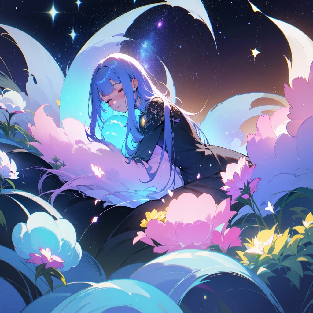 A girl dreaming while sleeping in a beautiful garden, with stars and galaxies surrounding her. (best quality, highres, ultra-detailed), dreamy atmosphere, glowing flowers, surreal colors, soft lighting, ethereal beauty, twinkling stars, mystical ambiance, delicate brush strokes, impressionistic style, magical scenery, peaceful and serene.