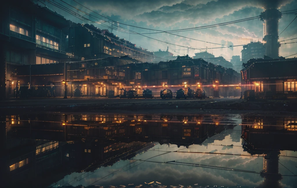 (((Vaporpunk))),City,(((crowded building))),exposed cogs and pipes,(((dim lights))),flooded ground,((cogs)),((Thick pipe)),covered bridge,The perspective is bottom-up, Reflects the height of the building,dark weather,smoking chimney,(((Mechanical devices))),((Interlaced wires)),crowded City,irregular buildings