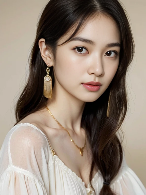 Close-up, sitting on a chair, Gorgeous Young Korean Woman, 1 girl 30 yeas old, (middle hair, brown hair, fringe, Tears, Thin outer eyebrows, Small eyes、Eyes are small compared to the face, little smile), (gold ring earring),( middle breasts, slender whist, middle hip), (white blouse,White clothes are very transparent ),