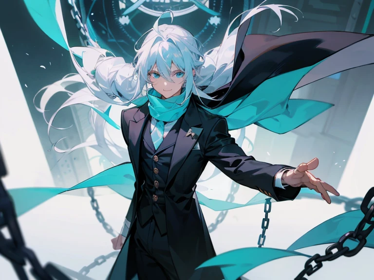 1 man with long white hair and hair tied back, wearing a black overcoat covering his white shirt with a cyan tie and black dress pants with pockets and chains while wearing a white scarf with a tall white background with a smile and a clock showing 12 hours and 28 Roman minutes in black and white and conjuring a magic in the form of a cyan colored time clock with his hair looking like Meliodas with a masculine but beautiful face