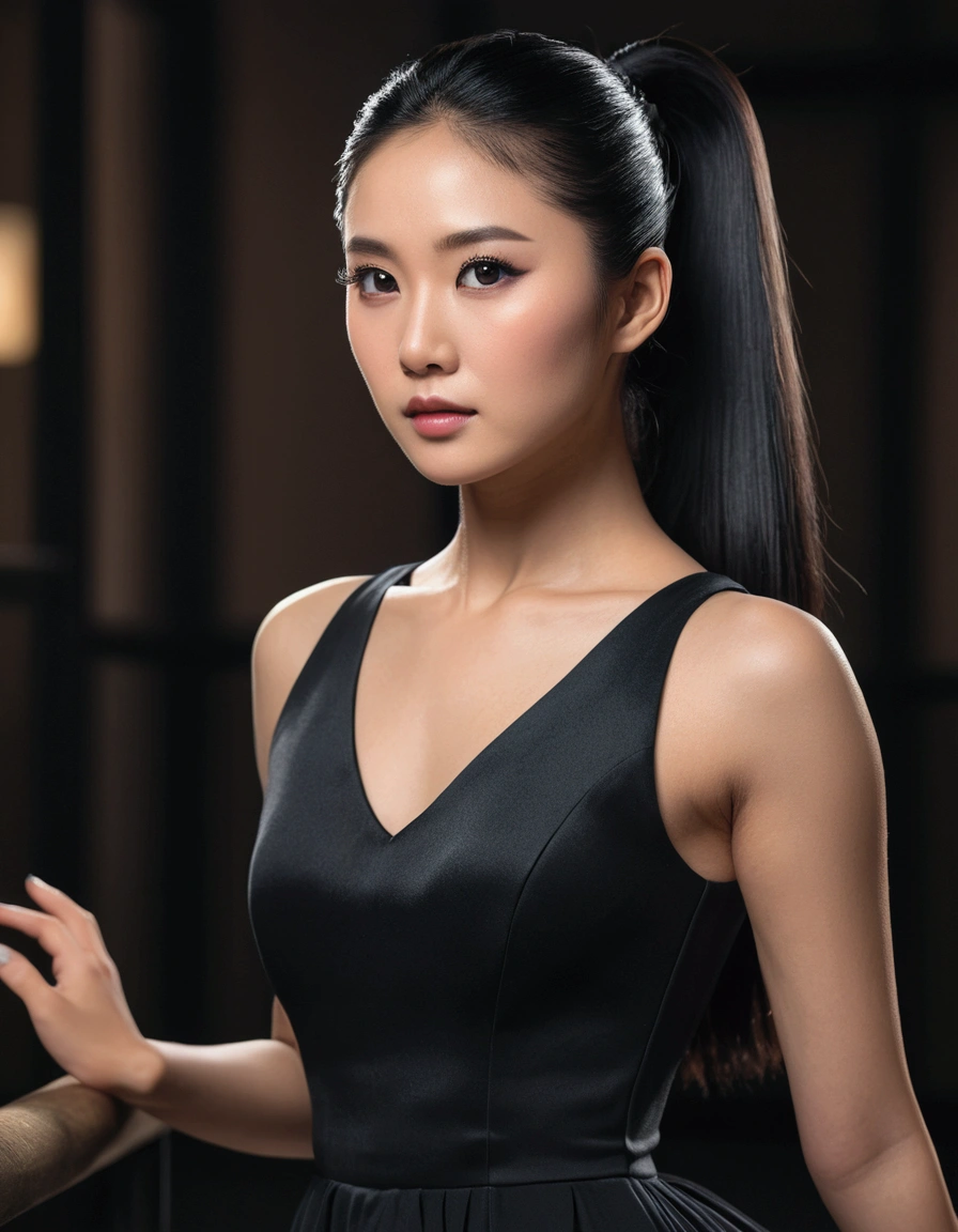 a beautiful asian woman with long black hair in a ponytail, wearing a black dress and black high heels, (best quality,8k,hyperrealistic,masterpiece:1.2),extremely detailed face and eyes,detailed makeup,elegant pose,serene visuals,ballet academia,dramatic lighting,cinematic color palette,dramatic shadows,shallow depth of field