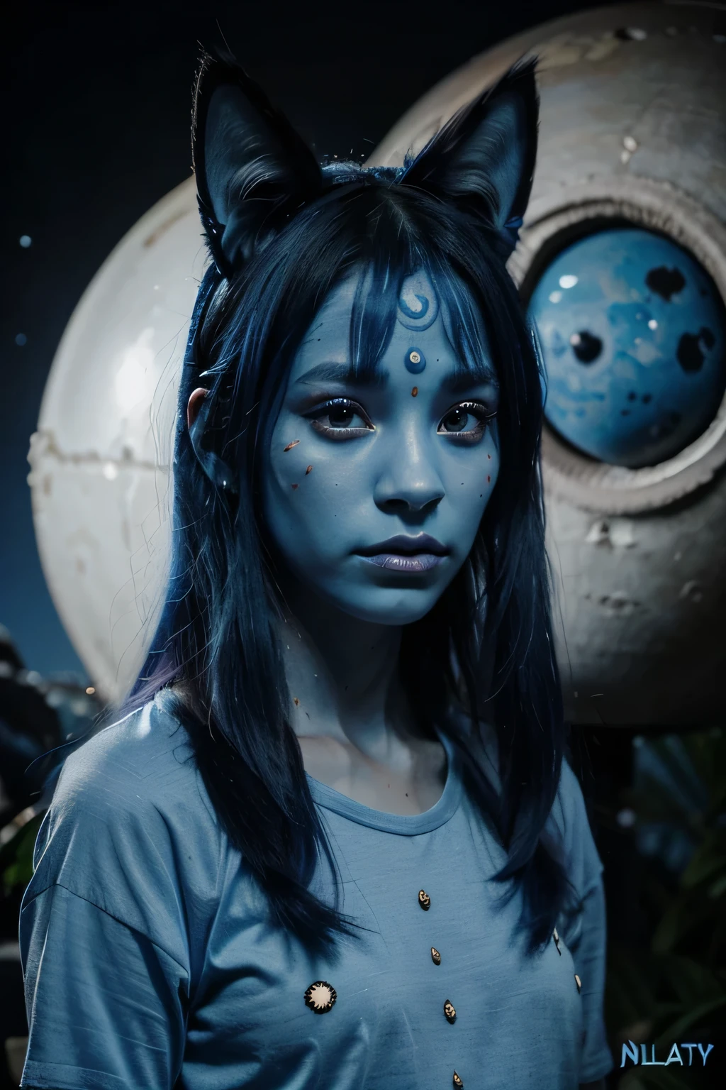 alien with completely blue skin and hair , 3 eyes, small nose, thick lips, cat ears, indigenous appearance and clothing with a landscape background with planets