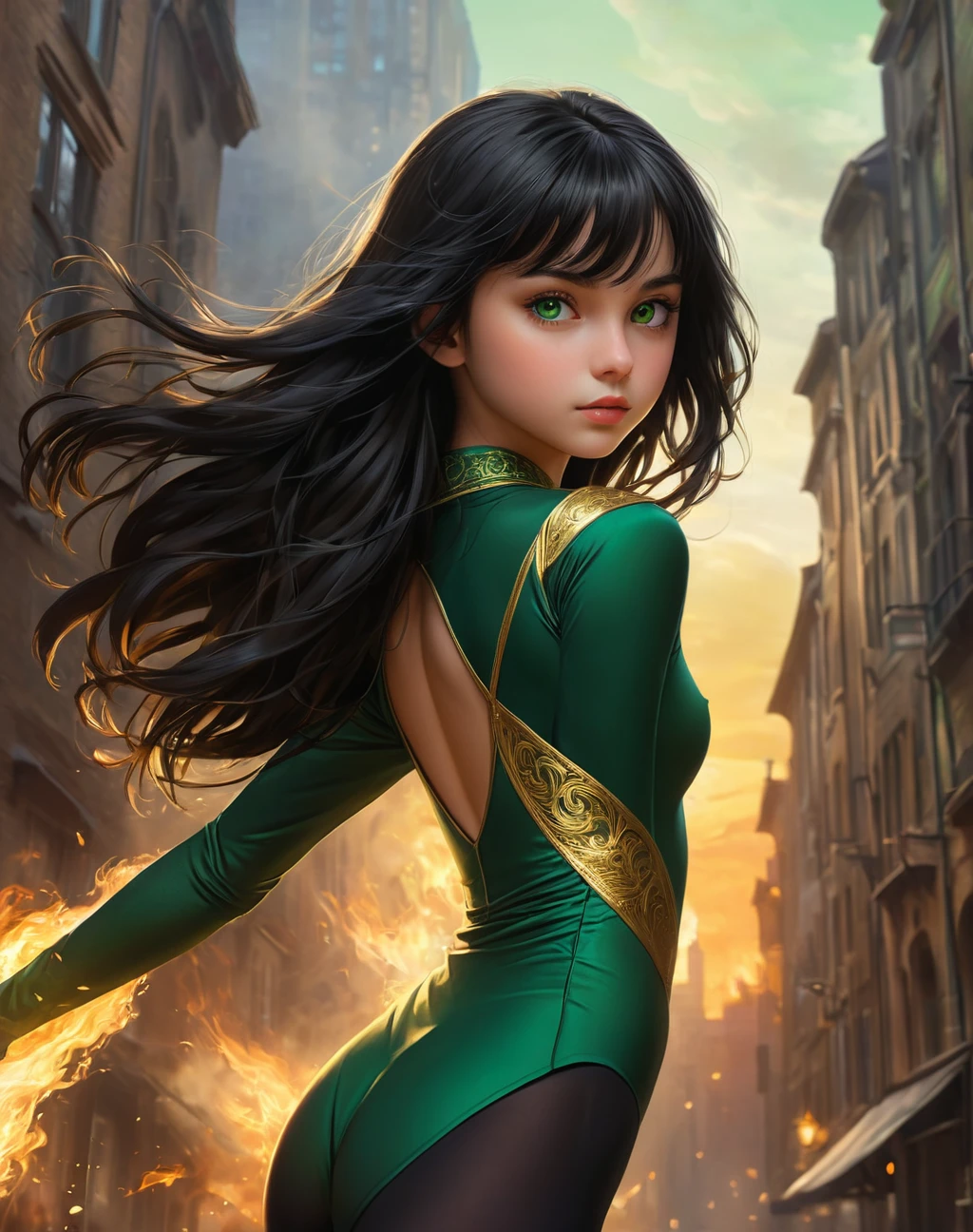 beautiful illustration of A girl，daughter of severus snape, ，Long hair, bangs, Black hair, Hair between the eyes, Green Eyes: Golden leotard，High leg，Over the city, Preparing for battle, Detailed art photos, Beautifully detailed face, dream-like, burn, Backlight, Glamour, Shine, Shadowy, Oil on canvas, Strokes, soft, Ultra-high resolution, 8k, Unreal Engine 5, Super focus sharp, ArtJam, Reusch, Hmph, An exquisite masterpiece, Threatening, Matte Painting Movie Posters, Golden Ratio, CGsocietyTrend, Complex, Spectacular, Very detailed, Vibrant, Creating movie characters, Quality Model Ultra High，
