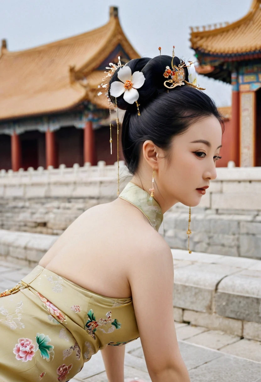 The image of a Qing Dynasty Empress with her bare buttocks visible. The background is the stone paving outside a Chinese palace during the Qing Dynasty. Only her large buttocks are sticking out. She is either wearing underwear or not. Her protruding buttocks are floating up in the air.
Her hair is decorated with a large flower ornament and a large crown.
The back of the hair is tied up and up. Erotic Woman