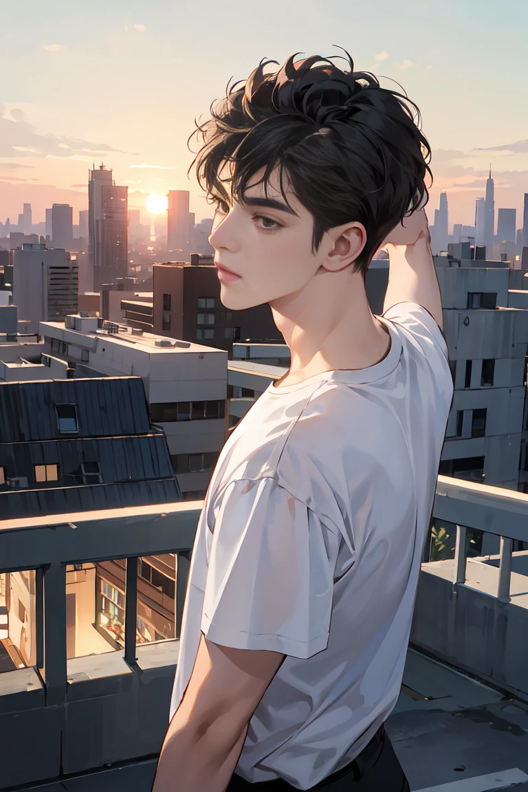 (absurd, very detailed, realistic, ), 1 Boy,mature, alone, black short hair, white t shirt,brown eyes,(look at the sky),,Rear view of a person blowing their hair and looking at the sunset on the rooftop of a high-rise building in a bustling city, Ultra-detailed, best quality, detailed diagram, 8k, graphic design, full hd, Draw it as if you are looking up from the bottom., looking at camera off