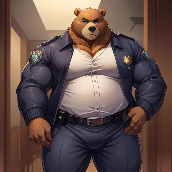 Boris Solo. Grizlly bear body grade, corpulent. thick arms, muscular. thick legs. panza. brown fur. blue eyes. Dear apple, serious face. 
Policy uniform, Long pants, long detective jacket, Police badge, RING.