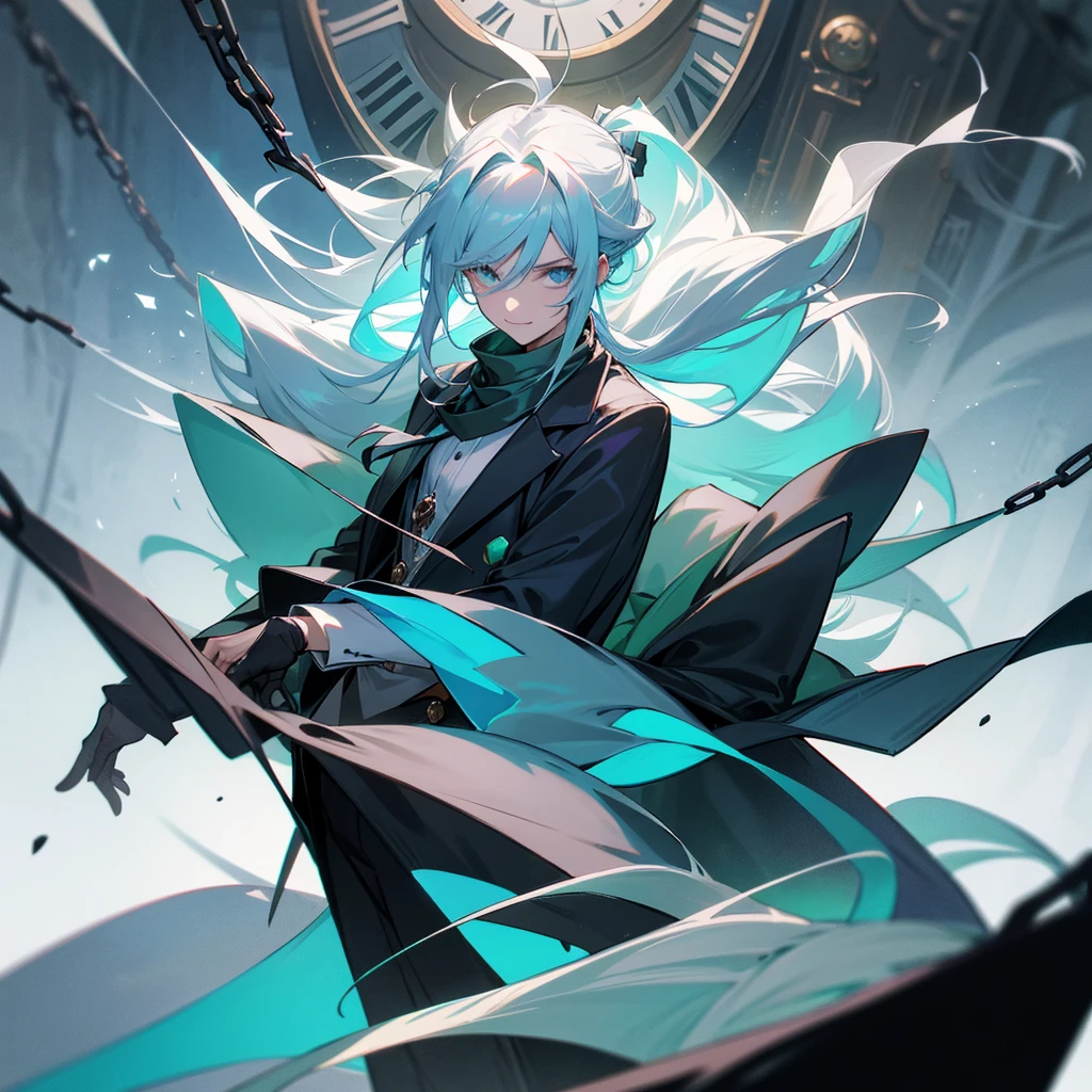 1 man with long white hair and hair tied back, wearing a black overcoat covering his white shirt with a cyan tie and black dress pants with pockets and chains while wearing a white scarf with a tall white background with a smile and a clock showing 12 hours and 28 Roman minutes in black and white and conjuring a magic in the form of a cyan colored time clock with his hair looking like Meliodas with a masculine but beautiful face 