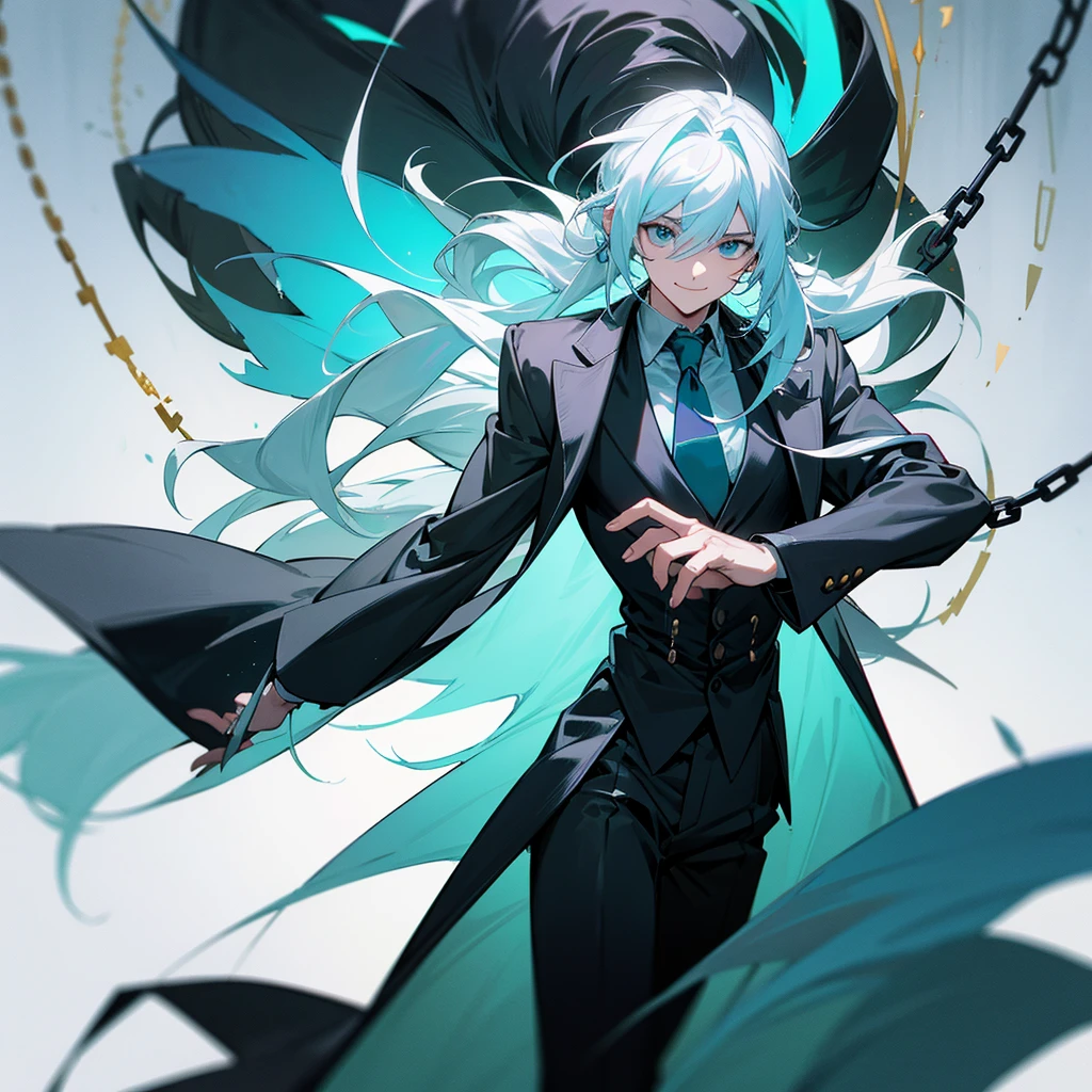1 man with long white hair and hair tied back, wearing a black overcoat covering his white shirt with a cyan tie and black dress pants with pockets and chains while wearing a white scarf with a tall white background with a smile and a clock showing 12 hours and 28 Roman minutes in black and white and conjuring a magic in the form of a cyan colored time clock with his hair looking like Meliodas with a masculine but beautiful face 