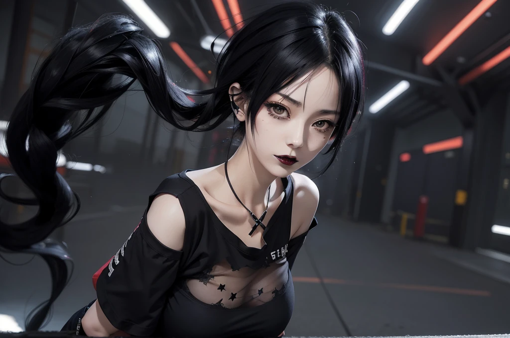 Super fine,Japanese anime,Delicate lines,whole body,Gothガール,woman,Beautiful Face,Goth,punk,flash,particle,sexy,Big Breasts,Plain T-shirt