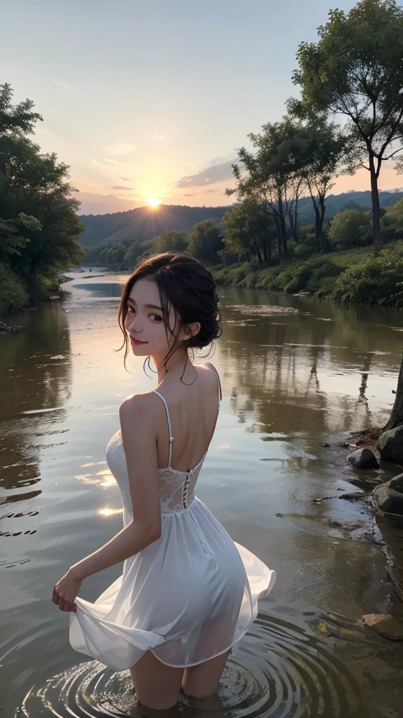 A girl wearing a white dress is bathing in the river, getting wet, having fun, no make-up, countryside scenery, sunset, turning around