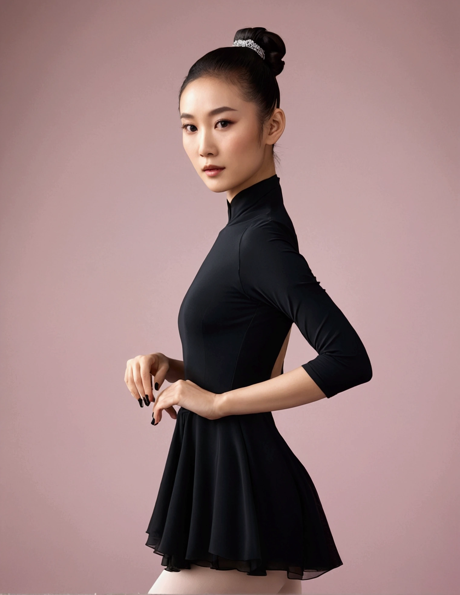 asian woman with ponytail in black dress and black heels for photo shoot, in the style of serene visuals, ballet olympics close-up)