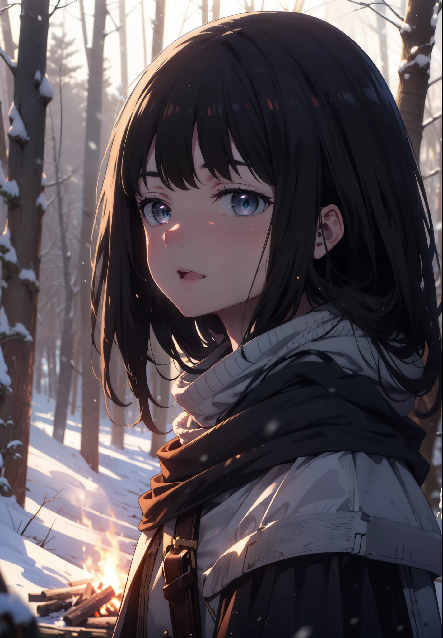 Takiuchi, Inoue Check, Long Hair, bangs, Black Hair, (Purple eyes:1.2),smile,
Open your mouth,snow,Bonfire, Outdoor, boots, snowing, From the side, wood, suitcase, Cape, Blurred, forest, nature, Squat, Cape, winter, Written boundary depth, Black shoes, blue Cape break looking at viewer, Upper Body, whole body, break Outdoor, forest, nature, break (masterpiece:1.2), Highest quality, High resolution, unity 8k wallpaper, (shape:0.8), (Beautiful and beautiful eyes:1.6), Highly detailed face, Perfect lighting, Extremely detailed CG, (Perfect hands, Perfect Anatomy),
