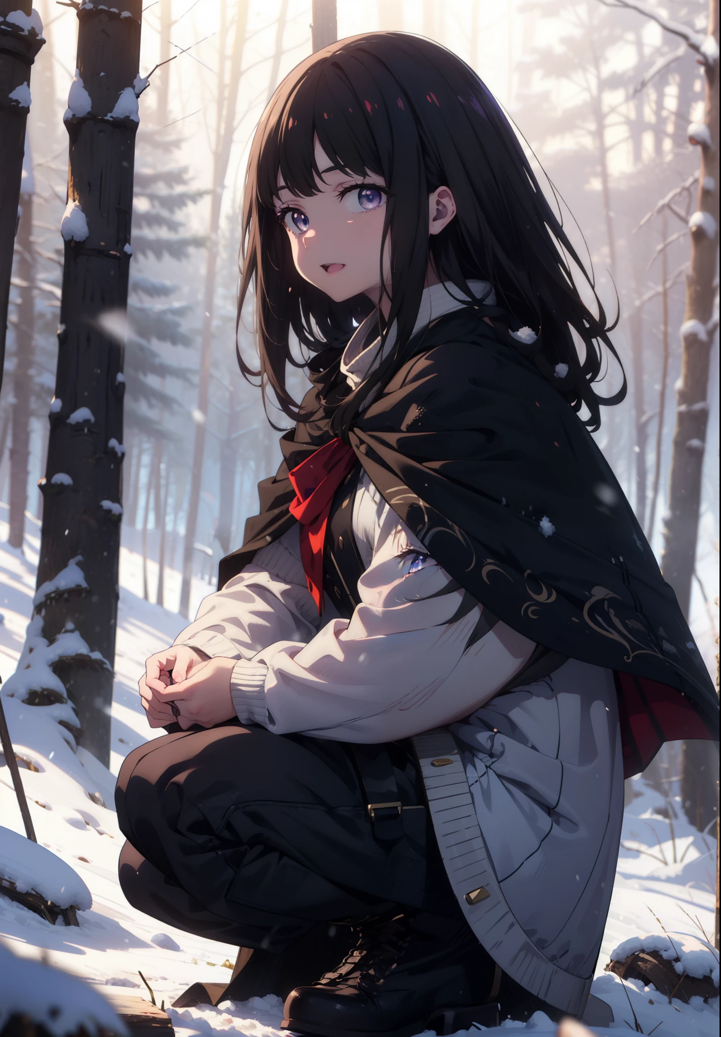 Takiuchi, Inoue Check, Long Hair, bangs, Black Hair, (Purple eyes:1.2),smile,
Open your mouth,snow,Bonfire, Outdoor, boots, snowing, From the side, wood, suitcase, Cape, Blurred, forest, nature, Squat, Cape, winter, Written boundary depth, Black shoes, blue Cape break looking at viewer, Upper Body, whole body, break Outdoor, forest, nature, break (masterpiece:1.2), Highest quality, High resolution, unity 8k wallpaper, (shape:0.8), (Beautiful and beautiful eyes:1.6), Highly detailed face, Perfect lighting, Extremely detailed CG, (Perfect hands, Perfect Anatomy),