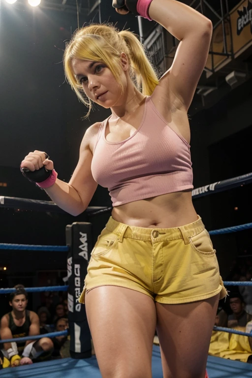 Chubby Italian girl with yellow hair wearing brown boots, shorts jeans azuis, pink tank top and brown half-finger gloves posing as a fighter in a fighting arena