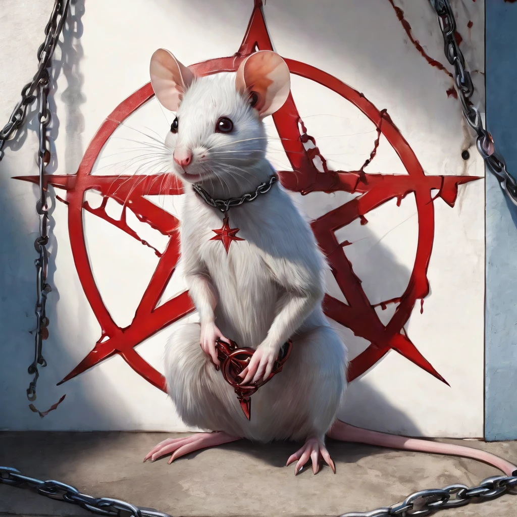 a sexy female rat with blonde hair and blue eyes, wearing a torn white tee-shirt, with a red pentagram logo on the front, is restrained to a wall, with chains, that are cuffed around its paws.