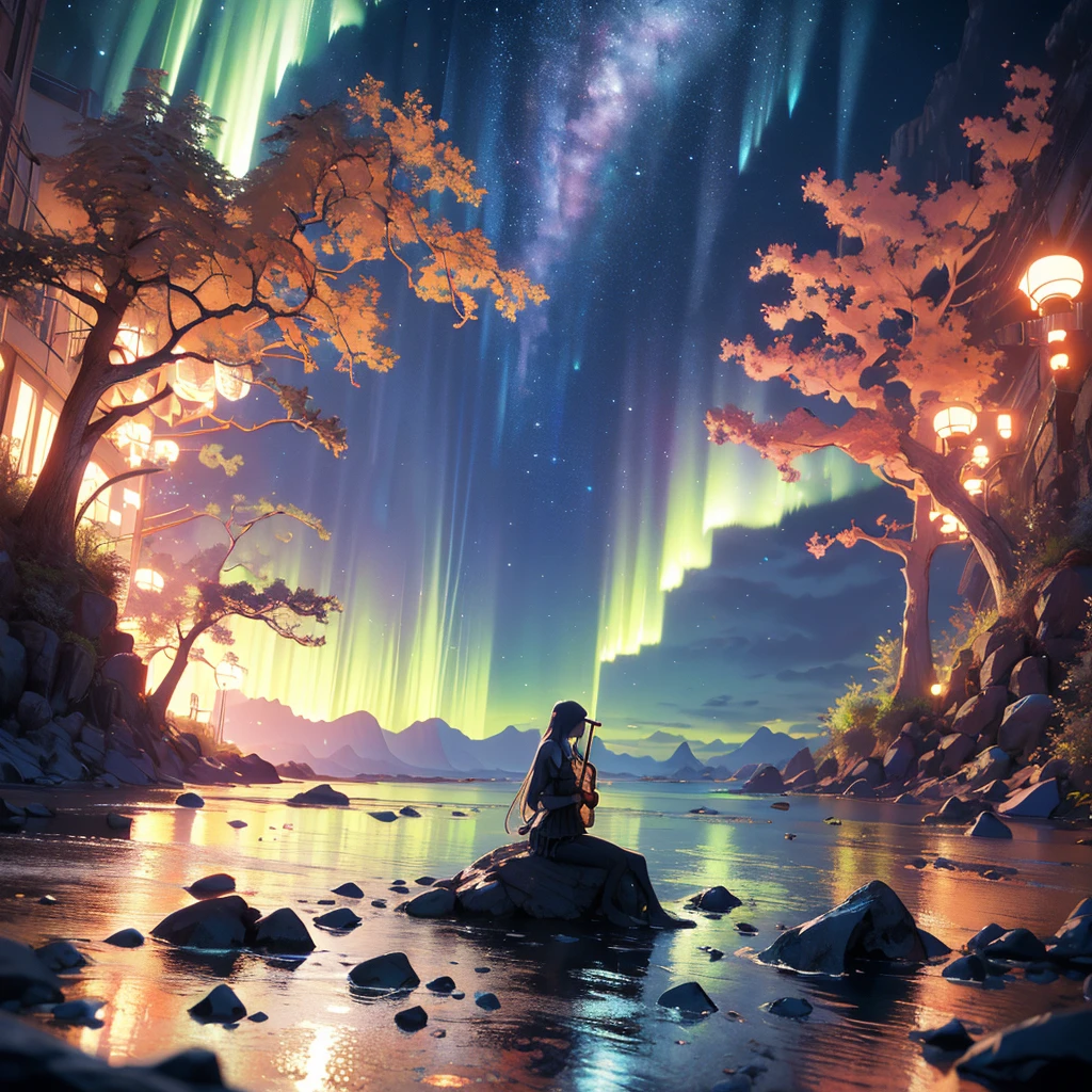 Create a detailed and high-definition image of a serene night scene with a silhouetted mermaid musician playing a violin on a cliff edge, backlit by a full moon. The sky should be filled with stars and faint auroras, casting a gentle glow over the landscape. Add subtle details like the outline of trees and distant mountains, with notes of music seemingly floating in the air, enhancing the magical and tranquil atmosphere. This should be an illustration with a 3D render style.
