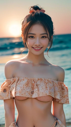 ((masterpiece, Highest quality)),shape,Ultra high definition 8K,Realistic,Sharp focus,Very detailed,Professional Lighting,Colorful details,Top idol beautiful girl、A uniquely beautiful girl、Beautiful girls in history、(((Fine skin:1.5)))、Moisturizing the skin、Shine肌、Perfect Style、Sexy body、bow、Whole Body Ezbian、(Dance vigorously:1.4)、(Peach print off-shoulder bikini:1.4)、(Wet the whole body with water:1.1)、(Looking at the camera:1.1)、Shooting a music video on a sandy beach in midsummer、18-year-old,Shine,Intricate details,Shitsumeka,1. A girl is in front of the camera,belly button、smile