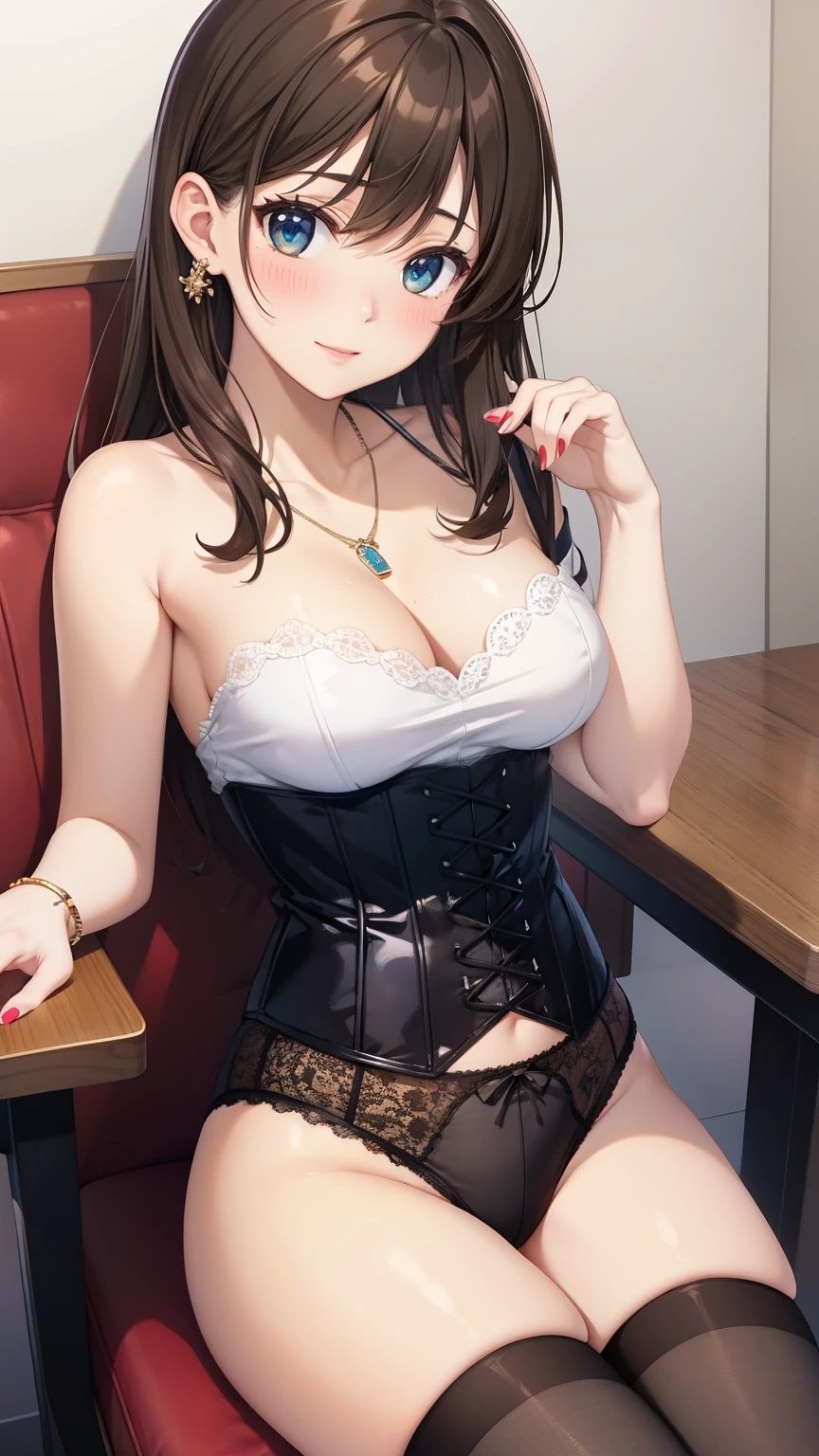 (masterpiece, best quality, absurdres, game CG, illustration, highly detailed), 1girl, solo, (mayu kuroe), sitting, chair, looking at viewer, blush, jewelry, necklace, strapless corset, lace panties, thigh highs, see-through