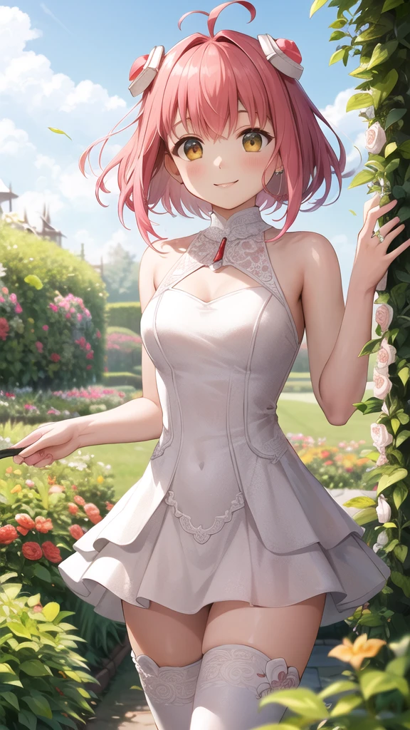 masterpiece, Highest quality, High resolution, Armomo, short hair, Ahoge, hair ornaments, Wedding dress, Are standing, Cowboy Shot, garden, smile