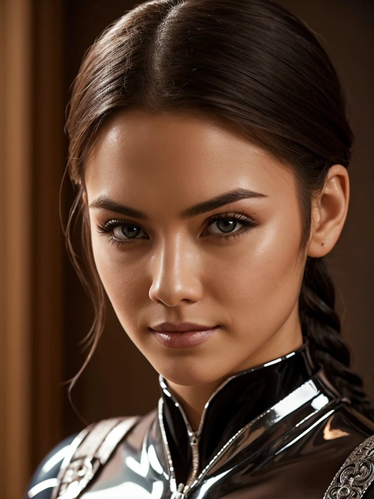 hostile Christina Chong beautiful face, narrowed eyes. smirk. black braided hair assassin wearing intricate ornate chrome bodysuit