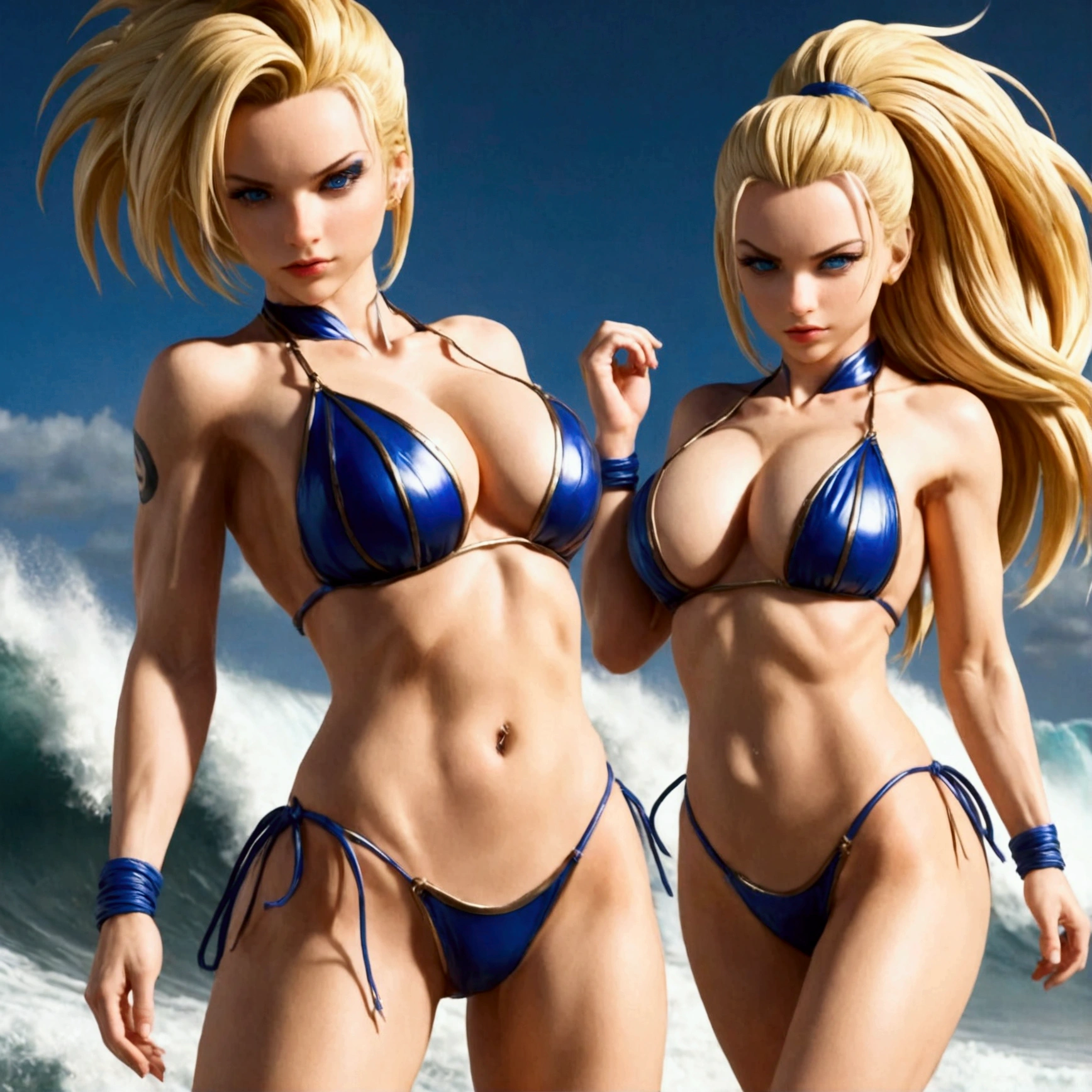 a woman(DBZ Android 18) with blonde hair wearing a sexy bikini, intense gaze, channeling power, surfing a big wave, highly detailed, hyper realistic, 8k, photorealistic, masterpiece, dramatic lighting, vibrant colors, dynamic composition, intricate details, cinematic, epic scale, powerful energy, dragon ball z inspired (show her entire body, show all of her)